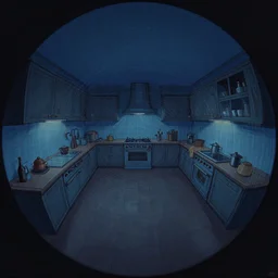 fisheye spiral lines, naive, extra narrow, detailed illustration of a kitchen, large floor, dimly lit by rhads from lorax movie, trending artstation, dark blue tones