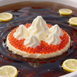 an island made of red caviar, in the center of this island there are several mountains made of white ice cream, the water around this island is made of coca - cola ( dark brown water ), the photo was taken from a boat, lemon slices float on the water, 3 5 mm, cinematic