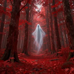 crimson forest with a ghost in it, surreal, sharp focus, digital art, epic composition, concept art, dynamic lighting, intricate, highly detailed, 8 k, unreal engine, blender render