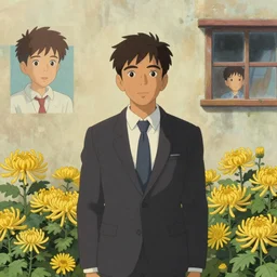 artwork by Michael Whelan, Bob Larkin and Tomer Hanuka, of a solo individual portrait of an Indian guy with chrysanthemum, dapper, simple illustration, domestic, nostalgic, full of details, by Makoto Shinkai and thomas kinkade, wes anderson, wes anderson, wes anderson, wes anderson, wes anderson, Matte painting, trending on artstation and unreal engine