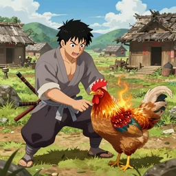 akuma samurai setting fire to 1 6 7 5 ce village and choking a ornately feathered chicken