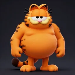 garfield the cartoon cat. imposingly tall, broadshouldered, jacked muscular. dark complexion. fully dressed. massively jacked physique, robust build, swole. streak in hair.