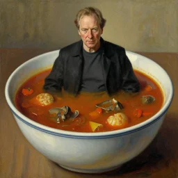 an oil painting of patrick stewart sitting inside a big bowl of stew