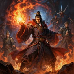 concept art of stunning male master wizard casting his fire spell, highly detailed painting by dustin nguyen, akihiko yoshida, greg tocchini, greg rutkowski, cliff chiang, 4 k resolution, trending on artstation, 8 k