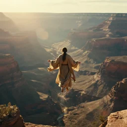a 2 8 mm macro photo of a man in flowing robes floating levitating over a huge canyon, splash art, movie still, bokeh, canon 5 0 mm, cinematic lighting, dramatic, film, photography, golden hour, depth of field, award - winning, anamorphic lens flare, 8 k, hyper detailed, 3 5 mm film grain, hazy