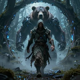 character and environment design, ( ( biomechanical ) ) druid walking through a magic portal to another world, infested bear, tattered!!! robe and hood, blue light, fog, scary, arrogant, hostile, photorealistic, cinematic, hyper realistic, octane render, 8 k, wide angle