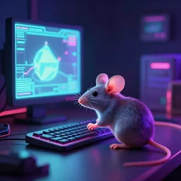 A mouse is working on a computer detailed, colorful, glowing lighting, 4k, dimly lit, in the style of retro future,