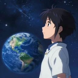 anime portrait of earth - chan!!! looking far away on space, shooting stars!!! art station, ( ( ( blurred, highly detailed ) ) ), illustration, cinematic!!!