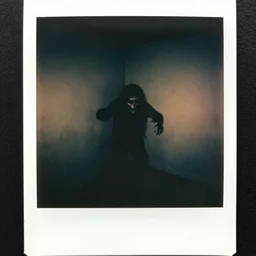 dark room with a creature in the corner, distuburbing, horror, nightmare, terrifying, surreal, nightmare fuel, old polaroid, blurry, expired film, lost footage, found footage,