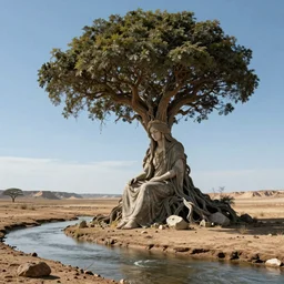 Tree-like giant 65-year-old giant Gaia Goddess shedding one emotionless tear as she sits on a dried up river in a desolate land, blue sky, hot and sunny, highly-detailed, elegant, dramatic lighting, artstation, 4k, cinematic landscape