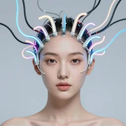 very beautiful woman integrating with technology, full face frontal centered, portrait, insipiring, detailed intricate symmetrical ornate neon cables connected to head, very detailed eyes, clear lips, luxurious detailed abundent wiring and implants, silver porcelain, renaissance, sci - fi, detailed technology background with cyber flowers and insects, dramatic lighting, photography, highly detailed, artstation, 8 k,