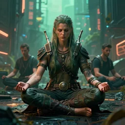 cyberpunk urban environment druid meditating - conjuction, by renato muccillo and andreas rocha and eddie mendoza, trending on artstation hq, deviantart, unreal engine 5, 4 k uhd image