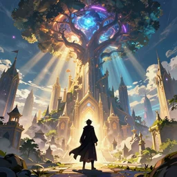 a magical wizard in front of a big and mystical of a big and structured fantasy kingdom city, god rays, giant tree, portal to outer space digital art 8k, trending on artstation, anime, unreal engine