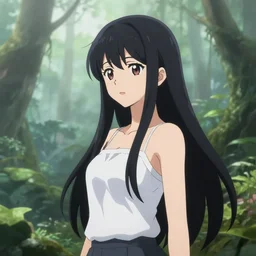 a female anime character with long black hair, in a misty jungle surrounded by broken technology, in the style of mamoru oshii, ghost in the shell