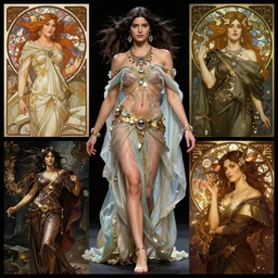 Character concept and fashion spot illustrations from Xena Warrior Princess and Westworld and Rome mashup, full-body, bloom, dynamic poses, diaphanous cloth, intricate crystalline and feather jewelry, ornate, filigree, arcane, cinematic lighting, by Alphonse Mucha, by Artgerm, by Bouguereau, by Sakimichan, fantasy, portfolio illustration, highly detailed, trending on Artstation, CGsociety, HQ, 8k, 35mm lens, f2.8, Bokeh,