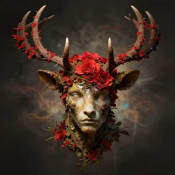 character concept art, head - on centralized, topiary with antlers, red flowers. detailed, abstract high quality, dynamic lighting, evocative, fantasy. artwork by greg rutknowski, alphonse mucha