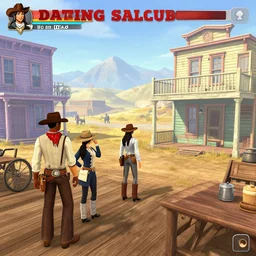 screenshot of gameplay dating simulator game set in 1 8 6 6, interior of old west saloon, featuring african american and japanese cowboys and cowgirls in ghost town with buildings painted bright pastel colors, morning light with mountains in the background