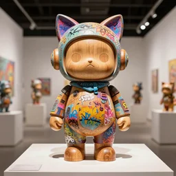 8 k octan, advertising, highly detailed, photo, a totally wooden figurine collectible art toys wooden on feet, very cute fat cyborg zen with cat ears, cyberpunk, graffiti colored, design showroom, dealership, indoor display, convention, exhibition, a contemporary art gallery, symetrical, masterpiece, nofinito, design