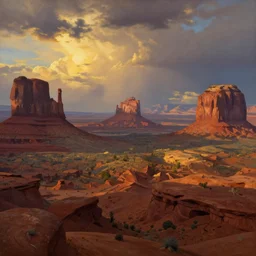 a beautiful epic dramatic ethereal landscape painting of deep red sandstone buttes and mesas | monument valley, death valley, drumheller, grand canyon | golden hour, dramatic lighting, chiaroscuro, impressionist | by mark maggiori | trending on artstation