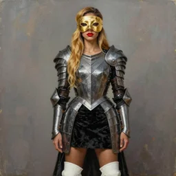portrait of a woman warrior, mulatto, crossbreed, mestizo very beautiful face, nice features, red lips, long golden hair, black closed velvet dress, leather armor, iron armor, white boots, alexander mcqueen clothing, gold mask on face, very beautiful style, oil, buro, edgard mccains