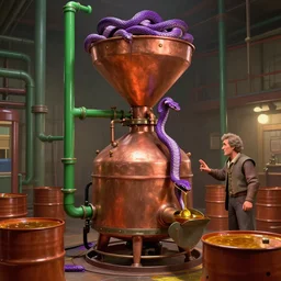 machine apparatus for making snake oil, huge copper machine fed by a hopper of purple snakes, green pipework, art by glenn fabry and wayne barlowe, barrels of snake oil in a hermetically sealed production line, artificial lighting, film still from the family medicine depot movie 3 d, 8 k