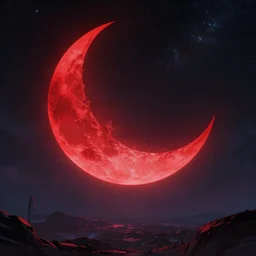 blood red cresent moon, cyberpunk, galaxy anime