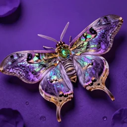 high quality close-up photo iridescent moth! jeweled gorgeous! highly detailed david ligare elson peter cinematic purple neon lighting high quality low angle hd 8k sharp shallow depth of field