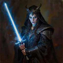portrait of Rosie O’ Donnel with lightsaber as a powerful dungeons and dragons warlock, wearing dark robe, intricately detailed, lovecraftian, realistic, oil painting, by jeff easley, boris vallejo, cinematic lighting