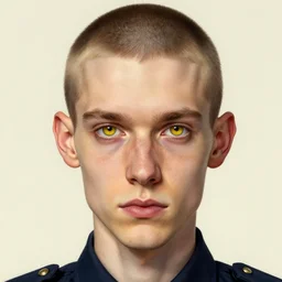 detailed character full face portrait of a skinny buzzcut androgynous handsome federal government agent yellow eyes artgerm greg rutkowski mucha