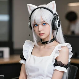 realistic detailed semirealism beautiful gorgeous cute Blackpink Lalisa Manoban wearing white camisole maid outfit maid costume, white hair white cat ears blue eyes, headphones, black leather choker full HD 4K high resolution quality WLOP, Aztodio, Taejune Kim, Guweiz, Pixiv, Instagram, Artstation