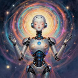 robot wizard, listening to heavenly music, highly detailed, expressive closed eyes, colorful sound, beautiful symmetric body, award-winning art by Tom Bagshaw