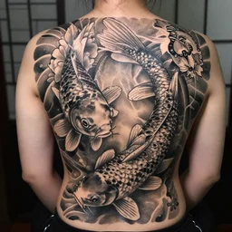 amazingly detailed greyscale japanese koi fish back tattoo
