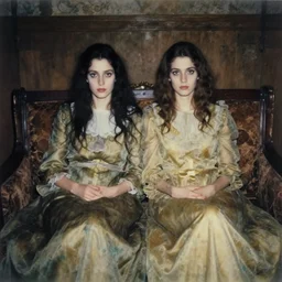 two sisters in disheveled luxury, instant photo, by dorothea tanning, taken in the 1 9 7 0 s, atmosphere is eerie, dreamy, beautiful