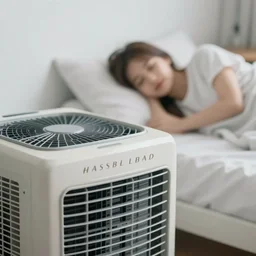 close - up on an air - conditioning with a blurred background of a teenager girl lying in a bed in a white room, blurred, depth of field, unframed, hasselblad, 8 k hyper realistic detailed cinematic still