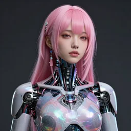 portrait of a beautiful japanese woman with pink hair as a cyberpunk cyborg half robot, revealing wires and electronics, hooked - up, sci - fi, missing panels, intricate abstract upper body intricate artwork, concept art, octane render, deviantart, cinematic, key art, hyperrealism, iridescent accents, portrait photograph, nikon 3 5 mm, photograph by greg rutkowski