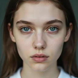 “ attractive thin beautiful brown hair young caucasian actress close up wearing shirt, mysterious, soft, cute, modern style, 1 5 0 mm f 2. 8, extreme close up face shot, hasselblad, art, brian ingram, steve mccurry, high quality, symmetry, clear skin, 4 k, dramatic lighting, award winning, eye reflections ”