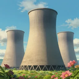 a wholesome animation key shot of a futuristic science fiction nuclear cooling tower, highly detailed, realistic by studio ghibli, animation, sharp, rendered in unreal engine 5, focused, anime key art by greg rutkowski, bloom, dramatic lighting