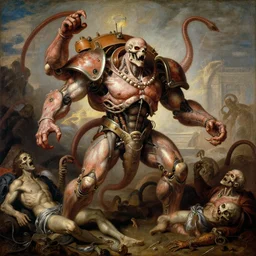 elegant renaissance painting of biomechanical warhammer final boss bodybuilder vecna battle, art by alex ross and peter mohrbacher, epic biblical depiction, flesh and bones, fangs, teths and tentacles, corpses and shadows!