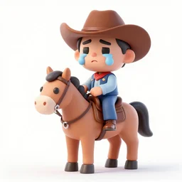 crying cowboy, cowboy hat, riding a horse, 3D character model, 3D render, white background