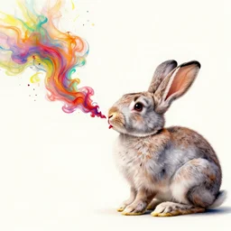 pointillism art of a rabbit breathing in flowing ink, splatters of multicolored paint and colors flowing beautifully, digital art masterpiece, surreal art
