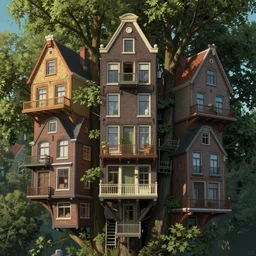 tree houses with apartments that look like those in amsterdam, trending on artstation, octane rendering, cinematic lighting, camera obscura, inspired by da vinci, inspired by rembrandt, inspired by ghibli, inspired by alan moore, inspired by blade runner, hyper realistic detail, very very very detailed, super detailed