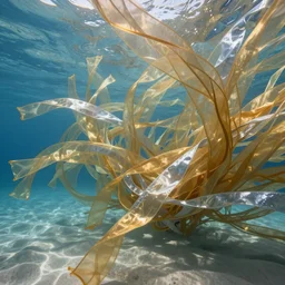 millions of thin ribbons of translucent gold and silver fabric in a vast underwater landscape are branching and twisting in a swift underwater current, blue water, sandy seafloor, caustics lighting from above, hyperrealistic