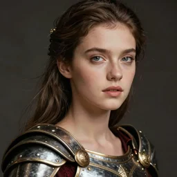 close - up portrait of beautiful young woman dressed gladiator with metallic armor, art by kirsty mitchell