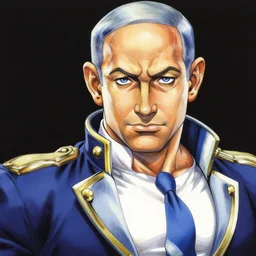hirohiko araki artwork, insanely detailed painting of benjamin netanyahu as a jojo character, striking a provocative stylish pose, outlines, vibrant colors, rich colors, elegant background patterns, by hirohiko araki