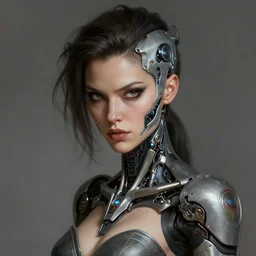 photorealistic portrait of a young butch cyborg woman, handsome, female, masculine, upper body, fantasy, fierce, sharp features, intricate, elegant, highly detailed, digital painting, artstation, concept art, matte, sharp focus, illustration, art by artgerm and greg rutkowski and alphonse mucha