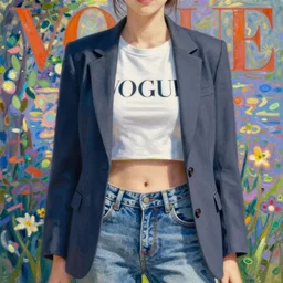 anime vogue, crop top, blazer, jeans, intricate oil painting by claude monet, trending on artstation