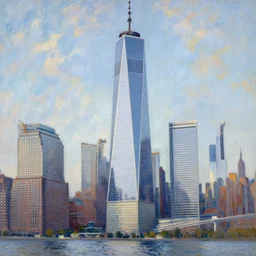 One World Trade Center, New York City, illustrated by Claude Monet, very detailed