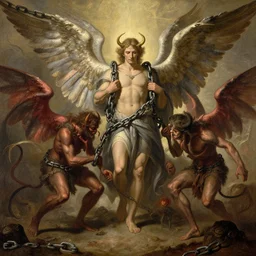 book of enoch, angels capture demons with huge chains and send them to hell, by greg rutkowski and bierstadt and remington, trending on artstation