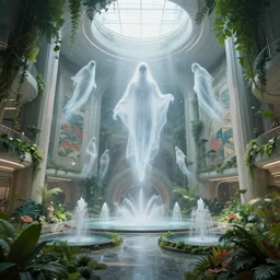 ethereal ghost floats, within interior futuristic expansive city hall 2 0 7 7 wide angle highly detailed by ricardo boffil, foliage, fountains, wall art, levitating people, by saturno butto and wlod, captivating 8 k hdr, octane render godrays