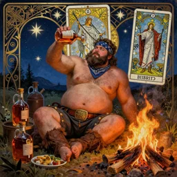 a dramatic, epic, ethereal (((tarot))) painting of a !!!handsome!!! thicc chunky beefy mischievous shirtless with a big beer belly wearing a large belt and bandana offering a whiskey bottle | he is a cowboy short beard relaxing by a campfire | background is a late night with food and jugs of whisky | homoerotic, rugged | stars, tarot card, art deco, art nouveau, mosaic, intricate | by Mark Maggiori (((and Alphonse Mucha))) | trending on artstation